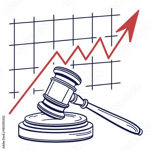 Gavel with rising graph and red arrow on white background