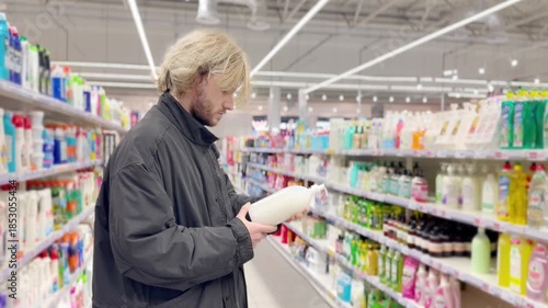 Choosing washing powder ,detergent,liquids at Groceries.