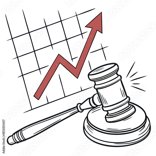 Red arrow emerging from gavel on white background with graph