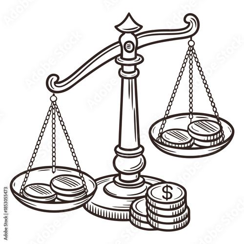 Wooden balance scale with chains and plates holding stacks of coins
