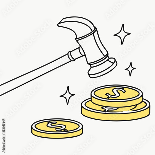 Hammer touching gold coins with dollar sign minimal