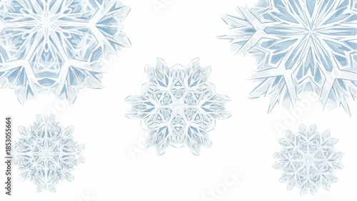 Intricate ice snowflakes on white background