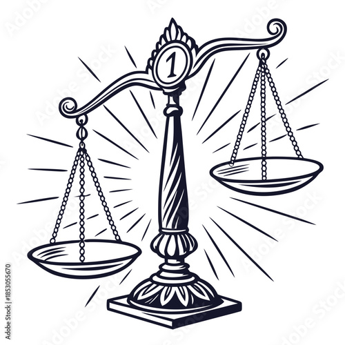 Black and white of balanced justice scales with chains and decorative base