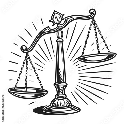 Black and white of balanced scales with energy lines