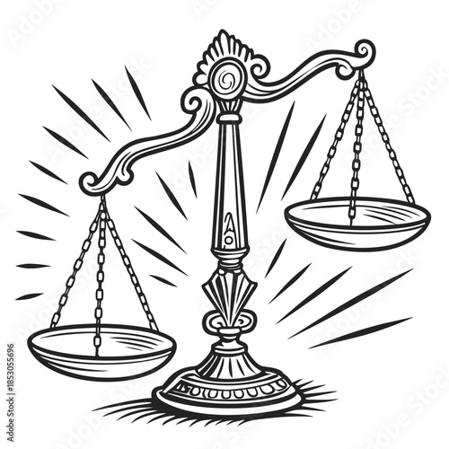Black and white of ornate balance scales with chains and sunburst