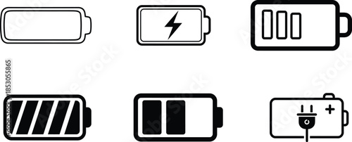 Battery level indicators with various charge statuses shown in black and white