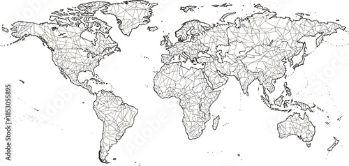 Abstract world map line art with geometric network pattern, minimalist global cartography illustration for data visualization, travel, and modern design concepts