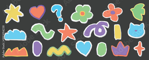 Set of naive sticker elements. Pastel hand-drawn paper cut shapes, hearts, stars, and flowers for digital scrapbooking and creative collage design.