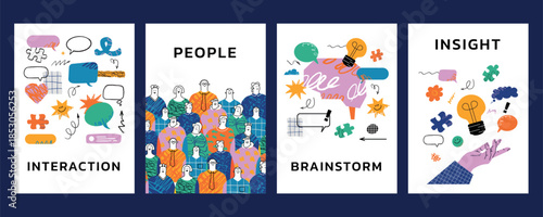 Creative team Interaction and brainstorming poster set. Stylized diverse people group with insight and innovation symbols. Design elements for presentation or report.