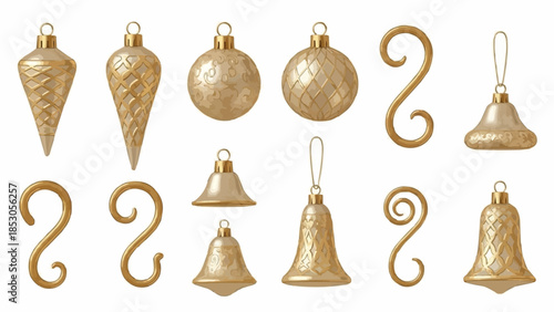 Golden Christmas ornaments and bells on white background