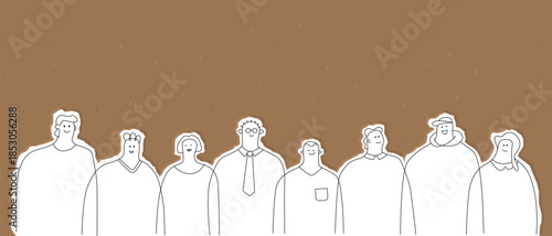 Group of diverse doodle characters on cardboard background. A symbol of society. Minimalist line art people horizontal banner with copy space.
