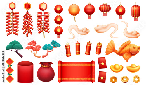 Chinese symbols collection. Vector isolated lanterns, fireworks and floating clouds, fish and golden coins, gold bars and scrolls, envelopes and hongbao bags. Pine trees and decorative elements set