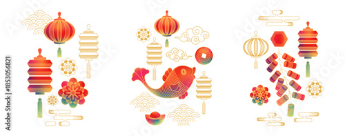 Traditional Chinese elements in line style. Vector isolated set of lanterns and fireworks, floating clouds and blooming flowers, fish and money. Oriental motifs and decorative design elements