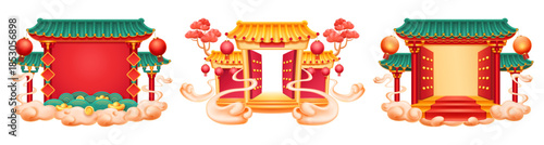 Traditional Chinese castle buildings stand on clouds with stairs. Vector isolated entrances with lanterns. Asian structures for holiday or festive events. Oriental architectures with decorations