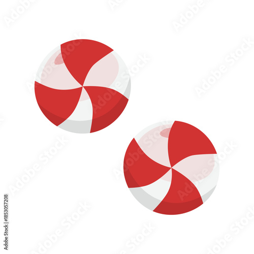 Candies, round peppermint sweets. Hard caramel confectionery, bonbons. Sugar sweetmeat, red swirl pattern.