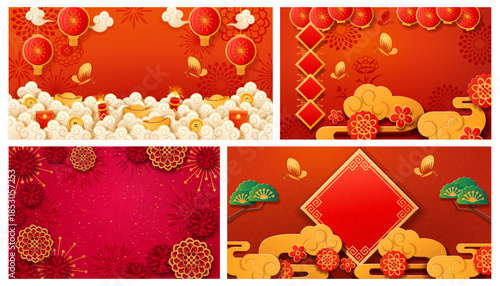 CNY backgrounds collection. Vector decorative clouds and flowers, trees and butterflies. Envelopes, golden coins and glowing lanterns. Traditional Chinese elements and oriental motifs for celebration