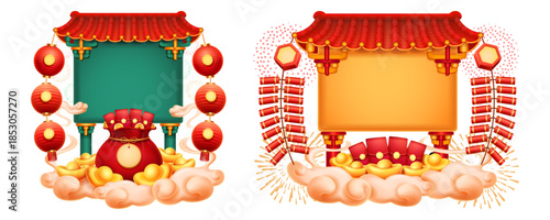 Traditional Chinese buildings with hanging lanterns. Vector golden clouds and money bags. Prosperity and wealth symbols. Oriental architecture and glowing paper lamps, gold elements and fireworks