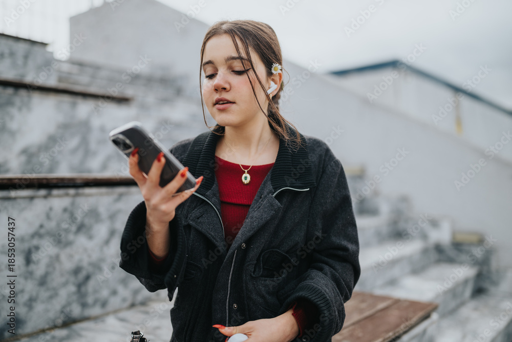 Fototapeta premium A teen girl uses her smartphone while listening with ear buds, wearing a red sweater and dark jacket. She stands on concrete outdoor stairs in a city setting, presenting a casual, focused vibe.
