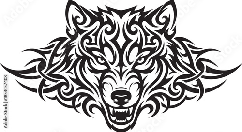 Stylized tribal wolf head tattoo design. Black and white vector illustration of an aggressive wild animal.