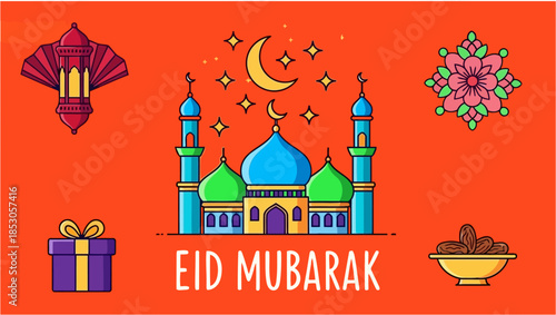 Vibrant illustration of a mosque with crescent moon and stars in the night sky alongside a traditional islamic lantern and a gift bow on a red patterned background