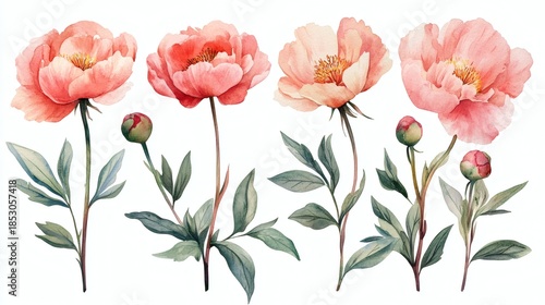 Wallpaper Mural Delicate florist vintage peonies floral watercolor pattern and green leaves in soft pastel colors and hobo style on white background Torontodigital.ca