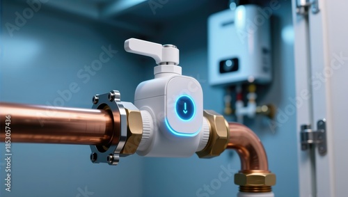 Smart automated water shutoff valve on copper pipe with glowing blue status light.