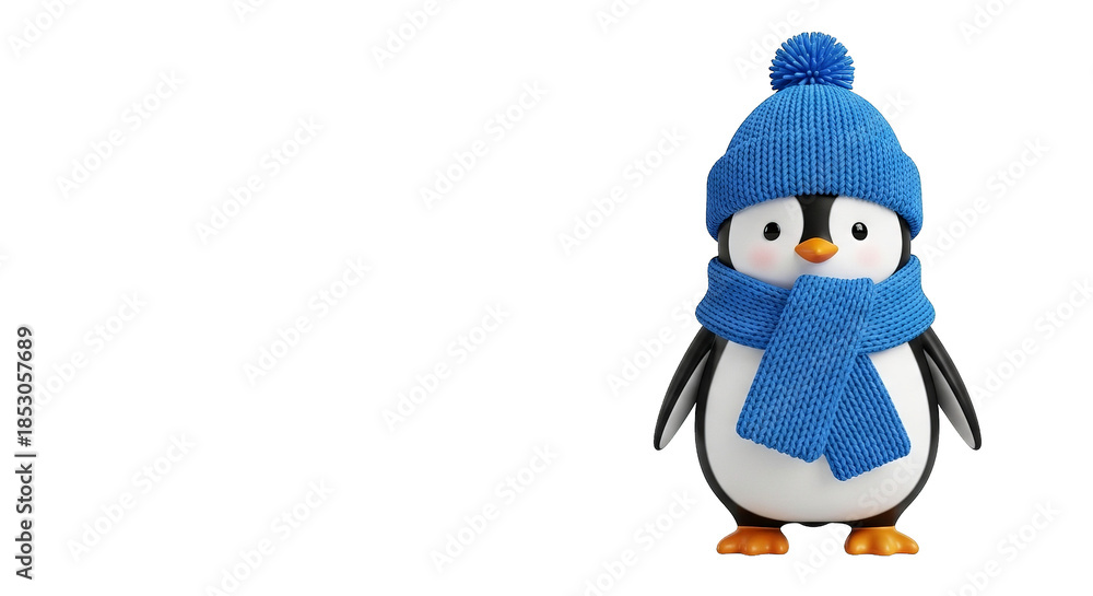 Fototapeta premium A cheerful penguin wearing a blue knit hat and scarf stands centered on a solid black background.