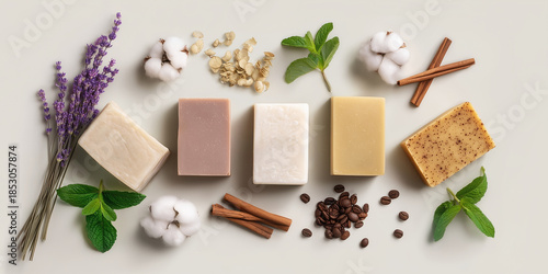 Natural handmade soaps arranged with herbs and flowers on a neutral background
