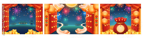Majestic open gates with columns under night sky. Vector fireworks and clouds, glowing lanterns and scattered gold bars. Symbols of luck, prosperity and harmony. Holiday and festival elements