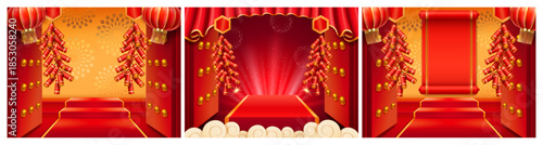 Chinese New Year traditional elements. Vector opened entrance gates with stairs, hanging lanterns and fireworks. Asian holiday celebrations. Cultural and festival, decorative and celebratory design