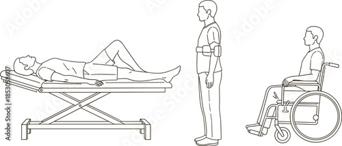 Medical patient mobility and care line art showing hospital bed rest, assisted standing, and wheelchair use for healthcare illustration projects