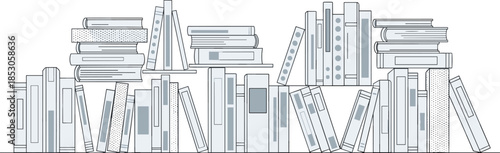 Modern bookshelf illustration with stacked and upright books, clean minimal line art design for education, library, reading, and interior decor concepts