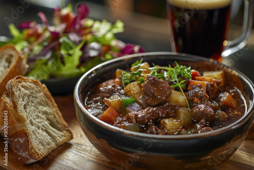 Hearty beef stew served with root vegetables and dark beer
