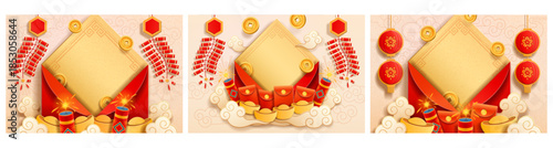 Decorative Chinese New Year elements. Vector envelopes with lanterns, clouds and fireworks, coins with holes and golden ingots. Prosperity, wealth and joy. Greeting cards and cultural celebration