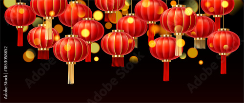 Festive Chinese lanterns with bokeh lights. Vector traditional paper lanterns with hanging tassels. Holiday and festival celebration elements. Cultural design visuals or decorative backgrounds