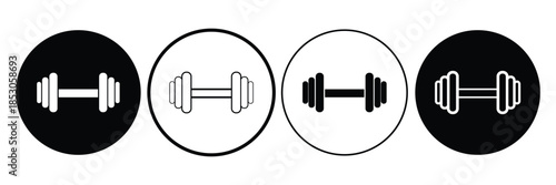 Dumbbell icons set in outlined and filled flat style. Gym heavy strength training dumbbell line pictograms. Weight lifting dumbbell signs eps 10