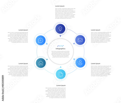 6-circle infographics arrange six circular elements symmetrically to represent processes, stages, or data segments, often in a hexagonal or orbital layout for balanced visuals. 