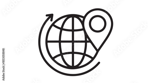 Global Location Pin with Navigation Arrow in Simple Line Art Style on White Background for Web Icon