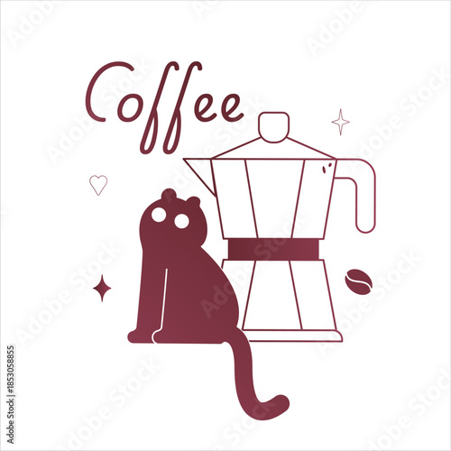 A simple, hand-drawn line illustration showing the silhouette of a cat sitting next to an espresso pot, with the word "coffee," a heart, and a star on a white background.