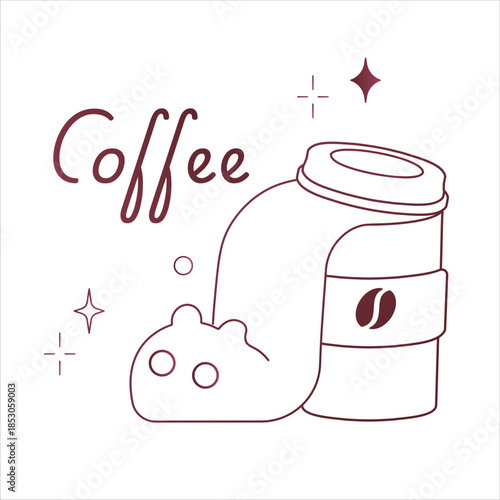 A simple, hand-drawn line illustration showing the silhouette of a cat sitting next to an espresso pot, with the word "coffee," a heart, and a star on a white background.