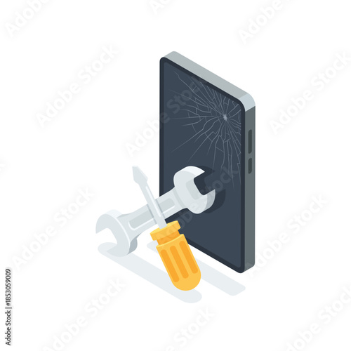 Isometric vector smartphone with a broken screen and a screwdriver with a wrench, in color on a white background, a service for repairing phones and other gadgets