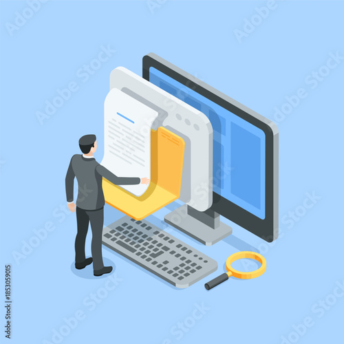 Isometric vector business man studying a document in a folder on a computer screen, in color on a blue background, working with digital files and documents