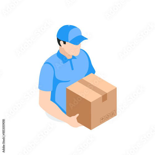 Isometric man with a box, in color on a white background, parcel delivery service worker