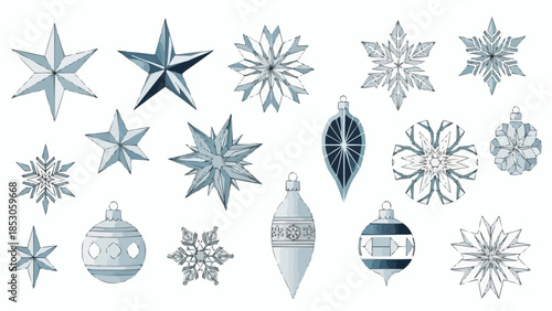 Elegant blue and white Christmas ornaments and snowflakes for holiday decor