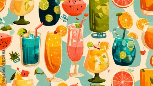 Cute drinks. Seamless pattern. Summer beverages background. 