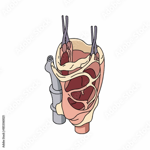 Anatomical illustration of the human larynx and trachea.