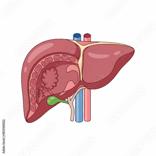 Anatomical Illustration of the Human Liver and Gallbladder.