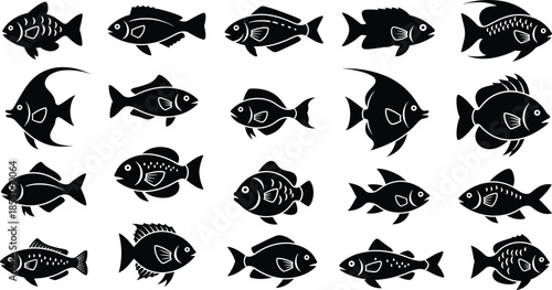 Twenty black fish silhouettes in grid layout on white background showcasing diverse species and fin structures for marine design