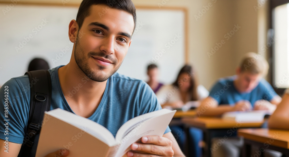 Fototapeta premium Young student reading book in library. University education, exam preparation and knowledge concept