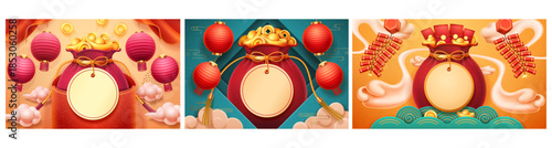 Chinese New Year elements set. Vector pouches and bags filled with gold and coins decorated with lanterns, fireworks and clouds. Festive holiday decorations for CNY. Prosperity and luck symbols
